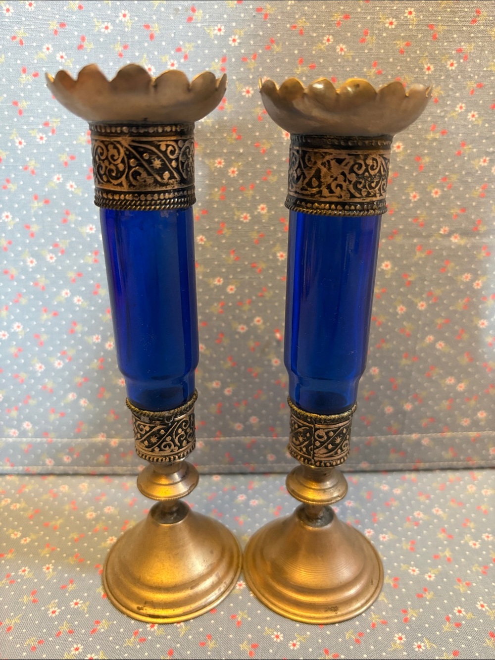 Hand Crafted Cobalt Blue Glass and Brass Accent Candlesticks